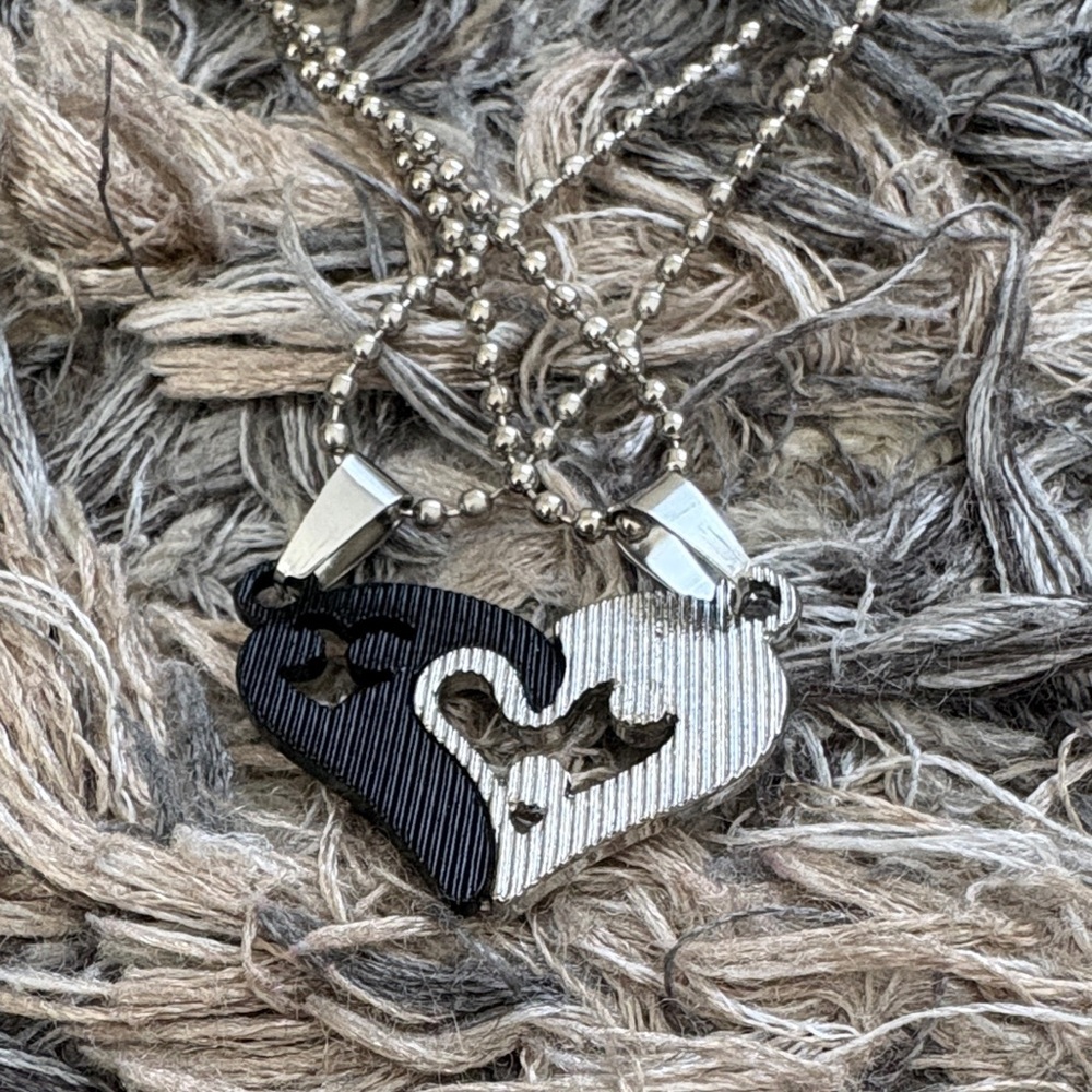 Black & Silver Heart Lovers’ Necklaces Puzzle Pieces Together Forever, Crystals - Picture 4 of 6